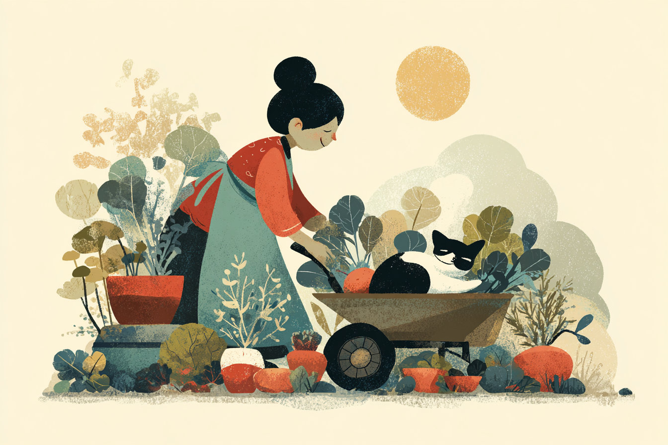 A person gardening peacefully with a cat in a wheelbarrow